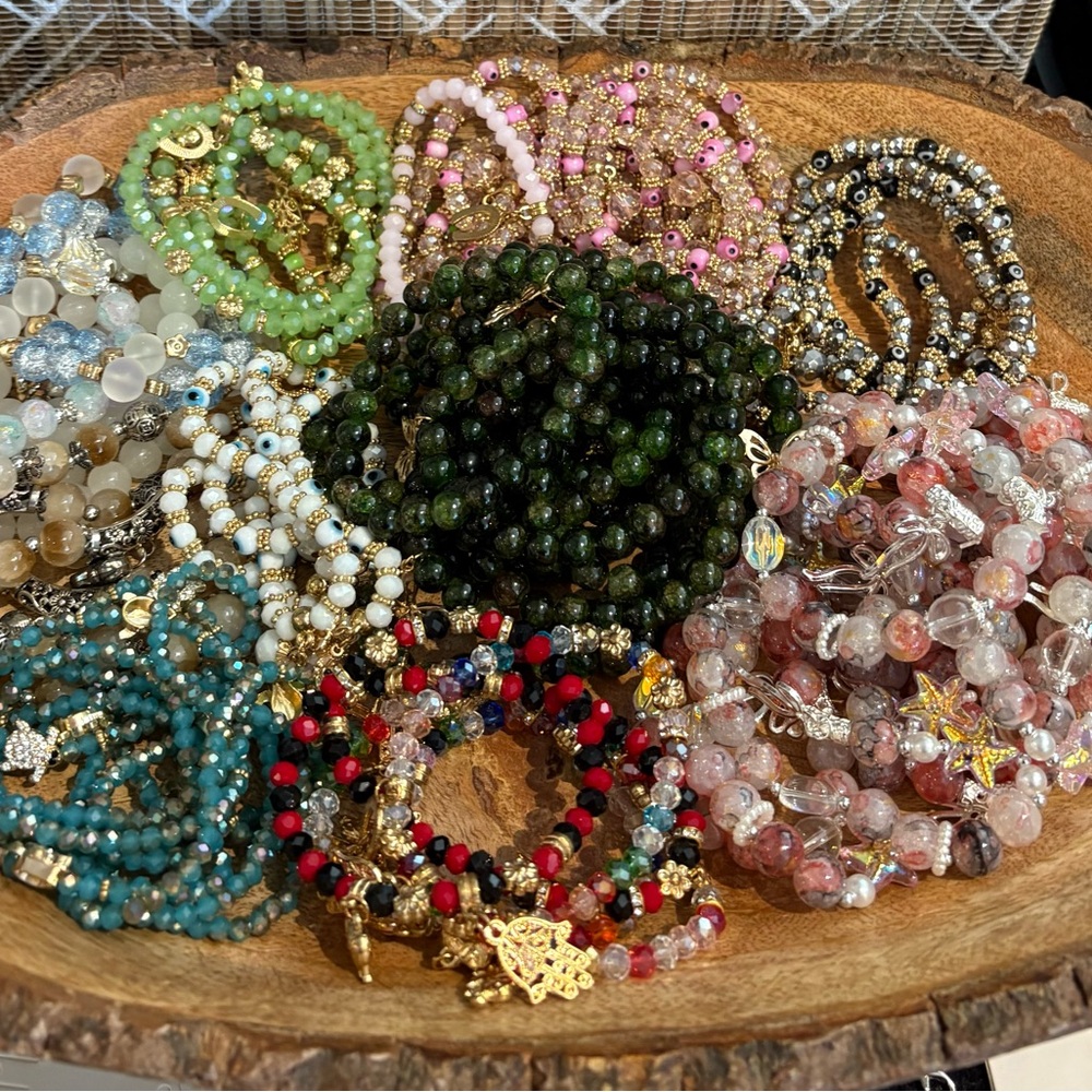 Set of 4 Glass Beaded Stretch Bracelets With Charms ( You Choose your 4)